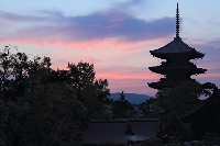 京都　教王護国寺　世界遺産　朝焼け　シルエット　五重塔